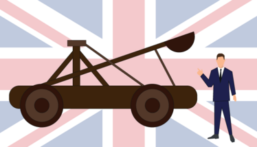 A catapult with a man in a business suit stood beside it. The background is a faded Union Jack.