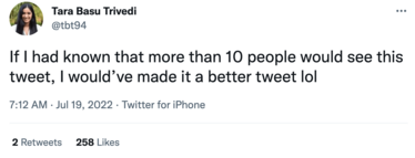 Screenshots of two tweets by Tara Basu Trivedi, @tbt94.   The first reads: 'He's a 10 but's starting an AI-for-drug-discovery startup with no biology background' It has hundreds of retweets and thousands of likes