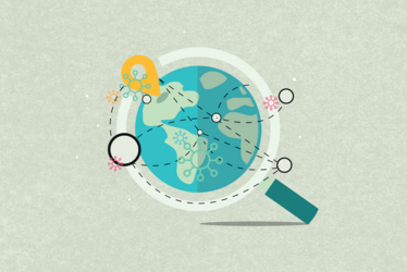 A graphic of a magnifying glass placed over the globe.